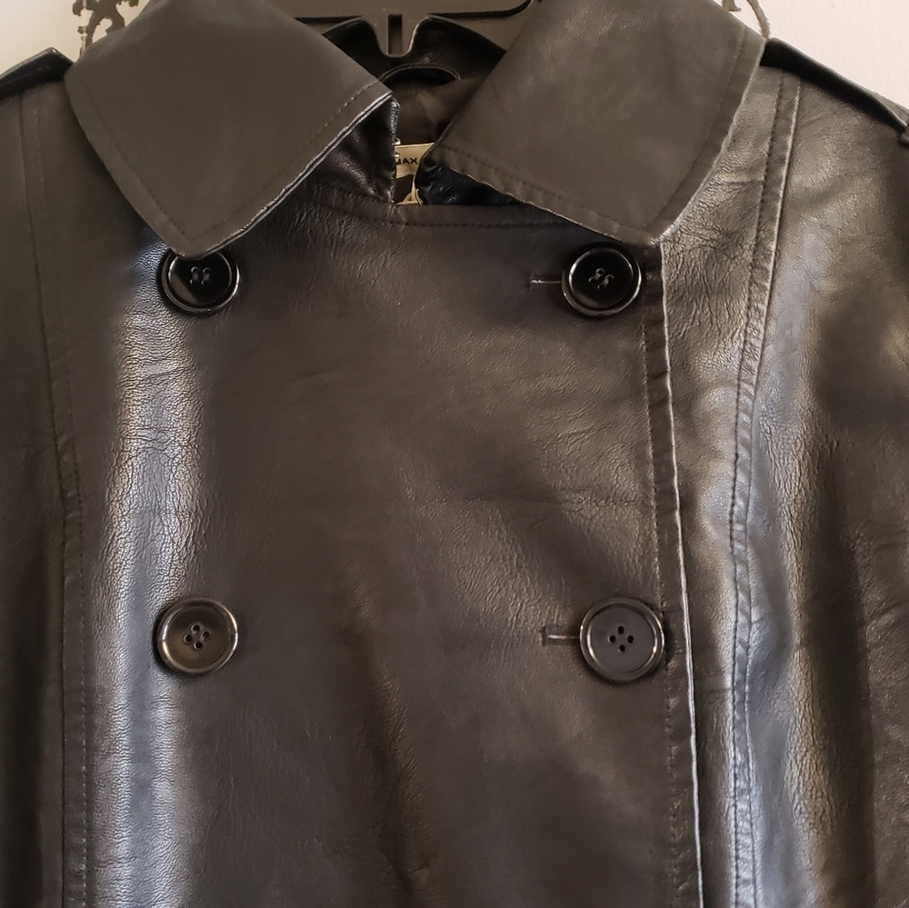 MAX STUDIO Faux Leather Black Long Double Breasted Belted Trench Coat XL - Picture 6 of 11